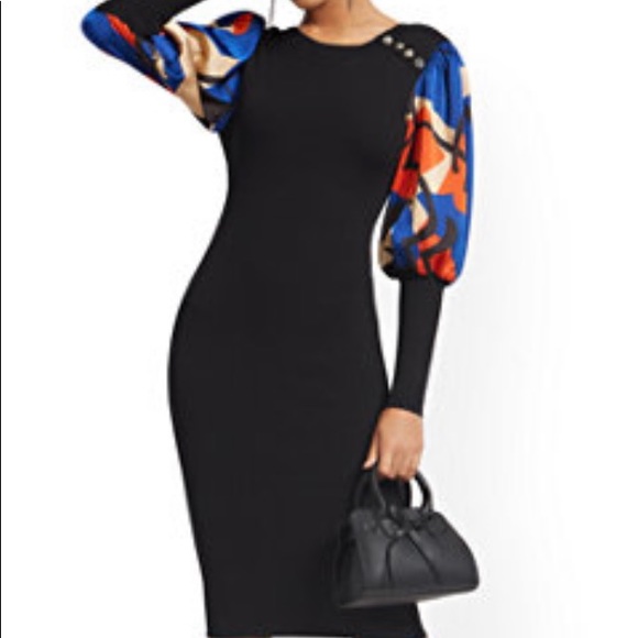 NY&C Black ripped dress, material not heavy, beautiful colorful puffed sleeves - Picture 2 of 7